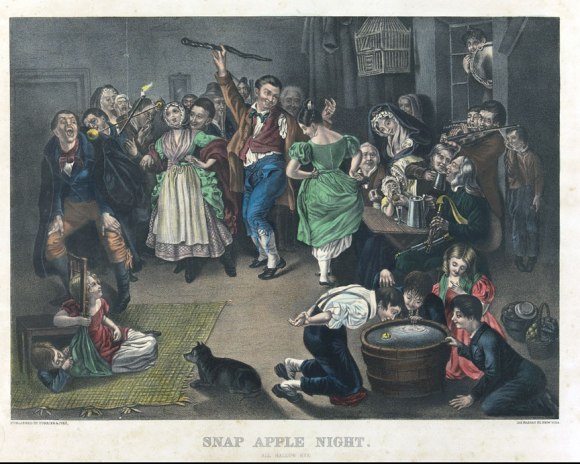 All Hallow Eve—or snap-apple night, as it has been popularly termed—will be celebrated this evening, with all the festive éclat of its predecessors. Says the New York World, this great feast has long been appropriated to the purpose of making the single married and the married happy… The sportive exercises which also mark the occasion – which include diving for apples, burning nuts, melting lead and casting it in water in order to have it assume shapes which betoken future incidents, and other curious exercises – will make Hallow-E’en, as in times past, sustain its old reputation for pleasing incidents and household joy. ["New Haven Daily Palladium", 31 Oct 1865, pg 2]